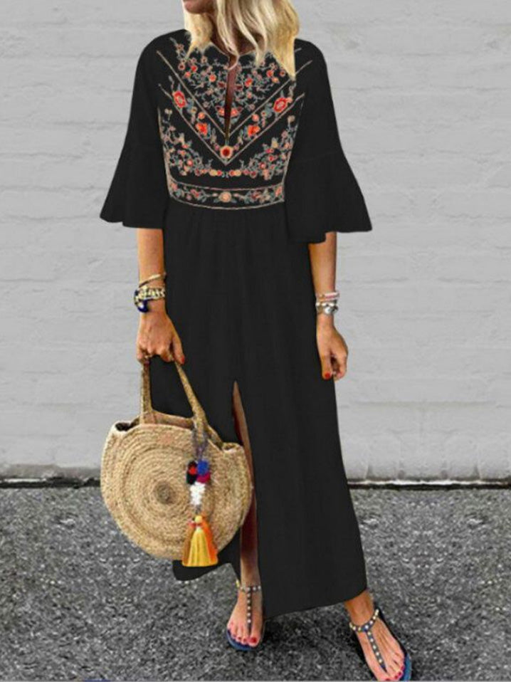 Out-Shine | Women's Loose Vintage Print Dress With Mid - Length Sleeves