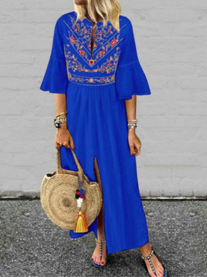 Out-Shine | Women's Loose Vintage Print Dress With Mid - Length Sleeves