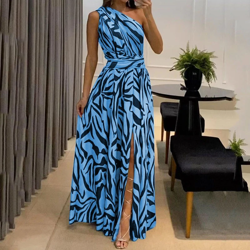 Out-Shine | Women's One Shoulder Zebra Print Dress High Slit