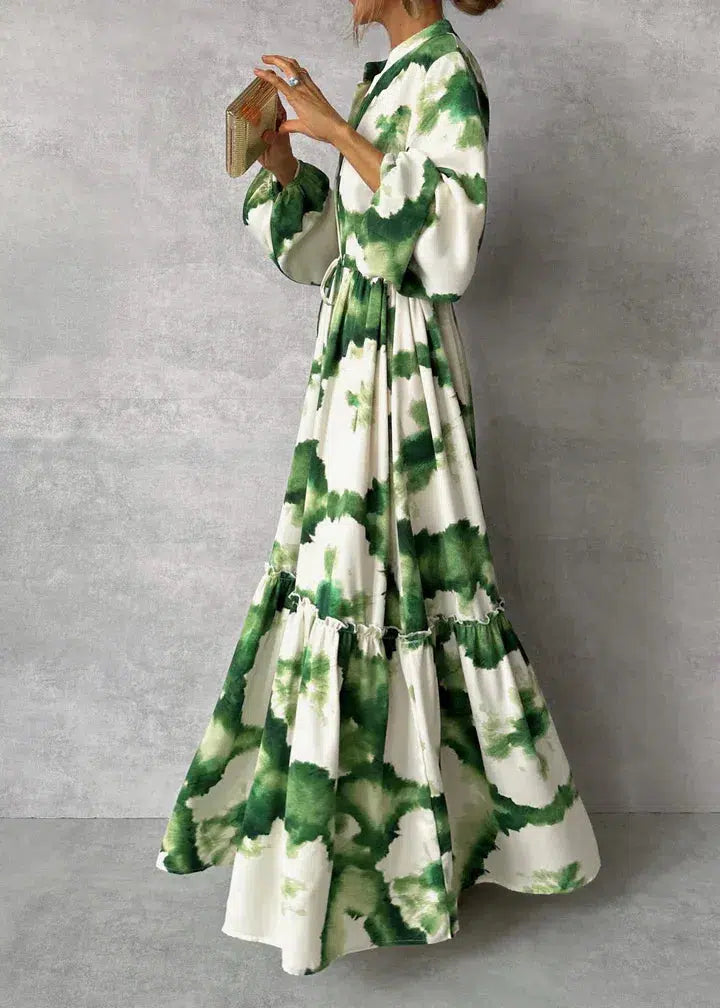 Out-Shine | Elegant Green Maxi Dress With V-Neckline And Long Sleeves