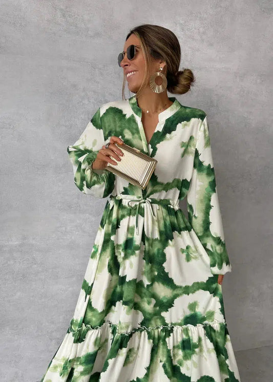 Out-Shine | Elegant Green Maxi Dress With V-Neckline And Long Sleeves