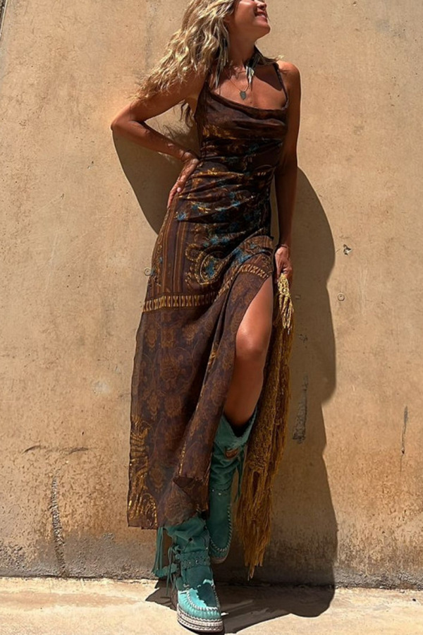 Out-Shine | Sleeveless Printed Elastic Slit Suspender Mesh Dress