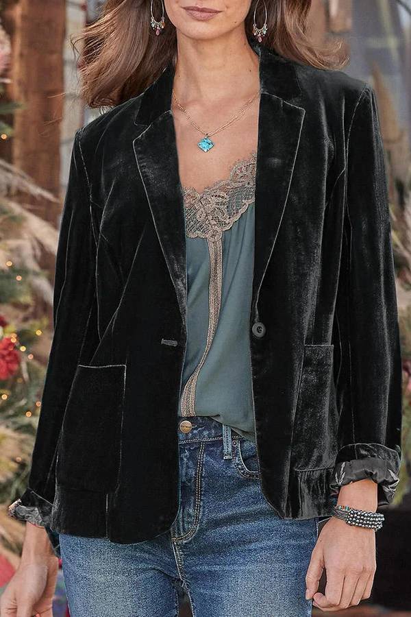 Out-Shine | Velvet One Button Long Sleeve Blazer