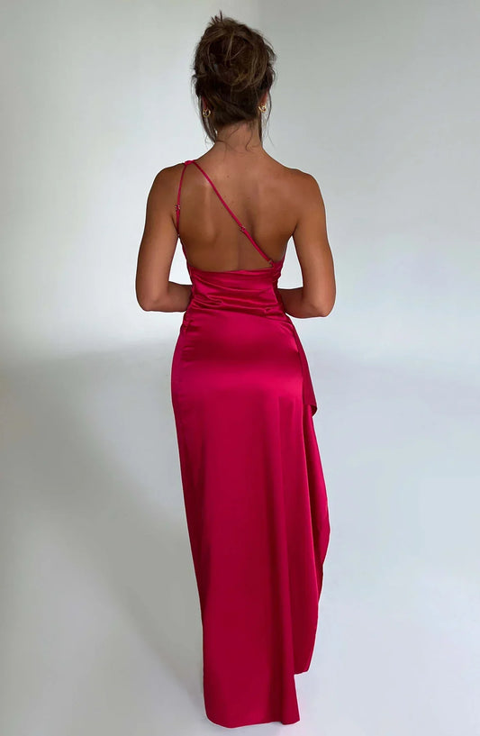 Out-Shine | One Shoulder Pleated Split Satin Dress