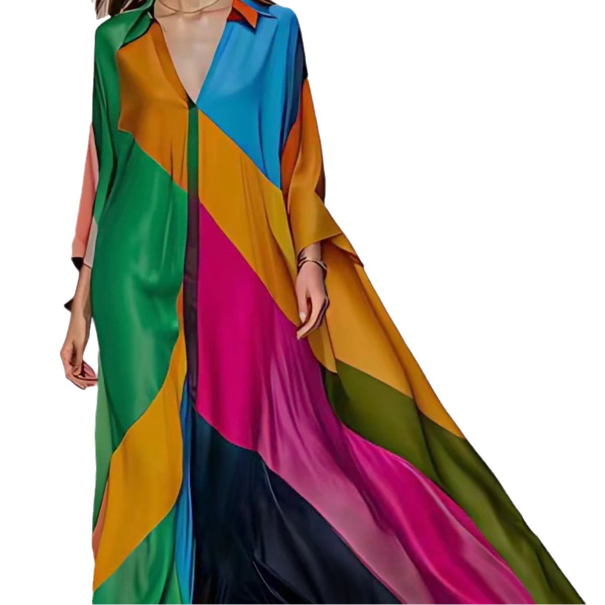 Out-Shine | Printed V-Neck Long Dress Elegant And Flowing Design