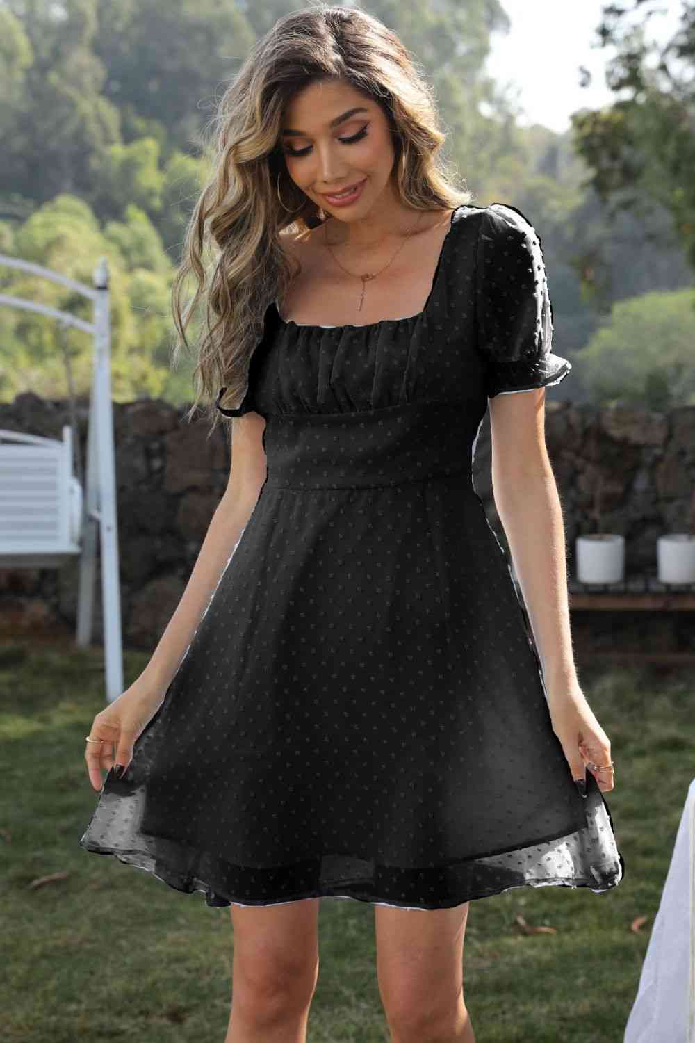 Out-Shine | Square Neck Swiss Dot Flounce Sleeve Dress