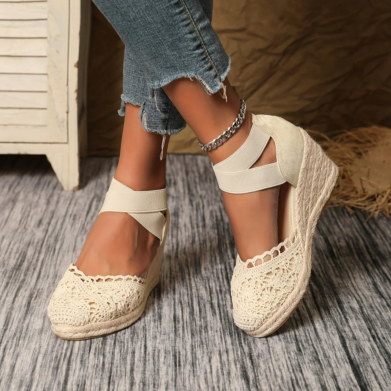 Out-Shine | Elegant Wedge Sandals With Crochet Lace
