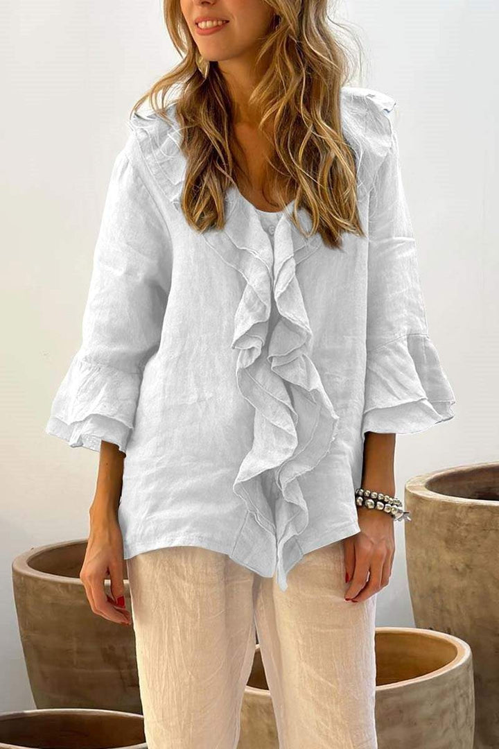 Out-Shine | Casual Ruffle Collar Cotton and Linen Tops