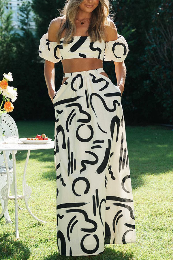 Out-Shine | Doodle Printed Off Shoulder Crop Top and Pocketed Cutout Maxi Skirt Set
