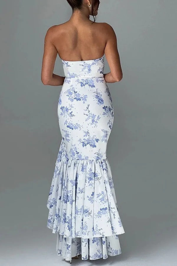 Deslumbra | Vestido largo ajustado con hombros descubiertos y bajo irregular