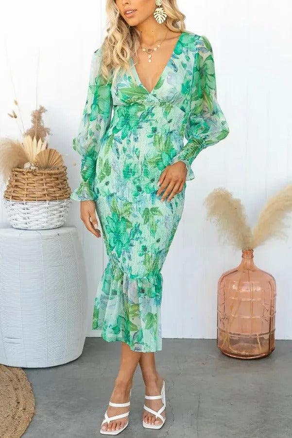 Deslumbra | Vestido midi camisero con volantes florales