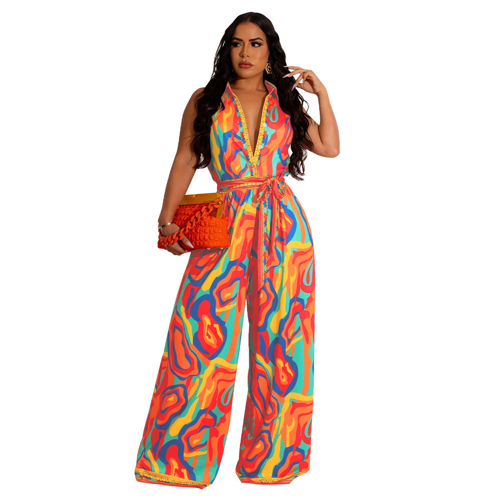Out-Shine | Women's Abstract Print Wide-Leg Jumpsuit With Bow Tie