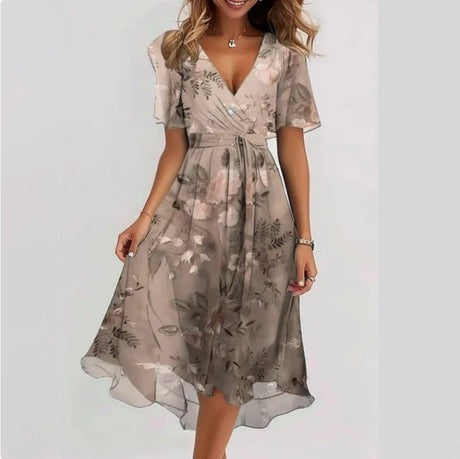 Out-Shine | Flower V-Neck Dress With A Flowing Skirt For Women