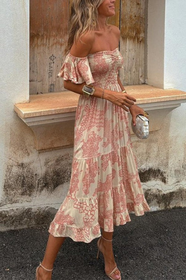 Out-Shine | Unique Print Off Shoulder Smocked Ruffle Sleeve Layered Midi Dress