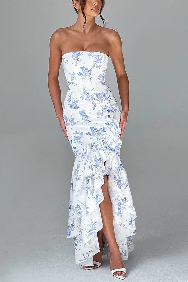 Deslumbra | Vestido largo ajustado con hombros descubiertos y bajo irregular