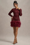Out-Shine | Berry Sequin Feather Hem Mini Dress