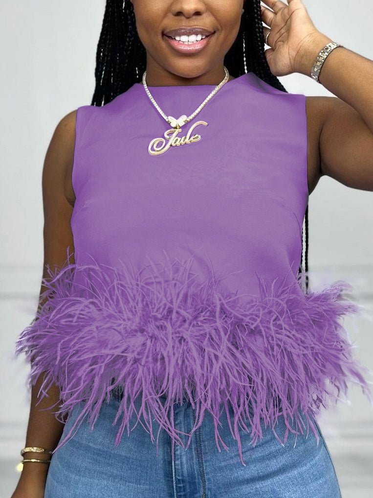 Deslumbra | Top corto de manga corta con panel y plumas para mujer